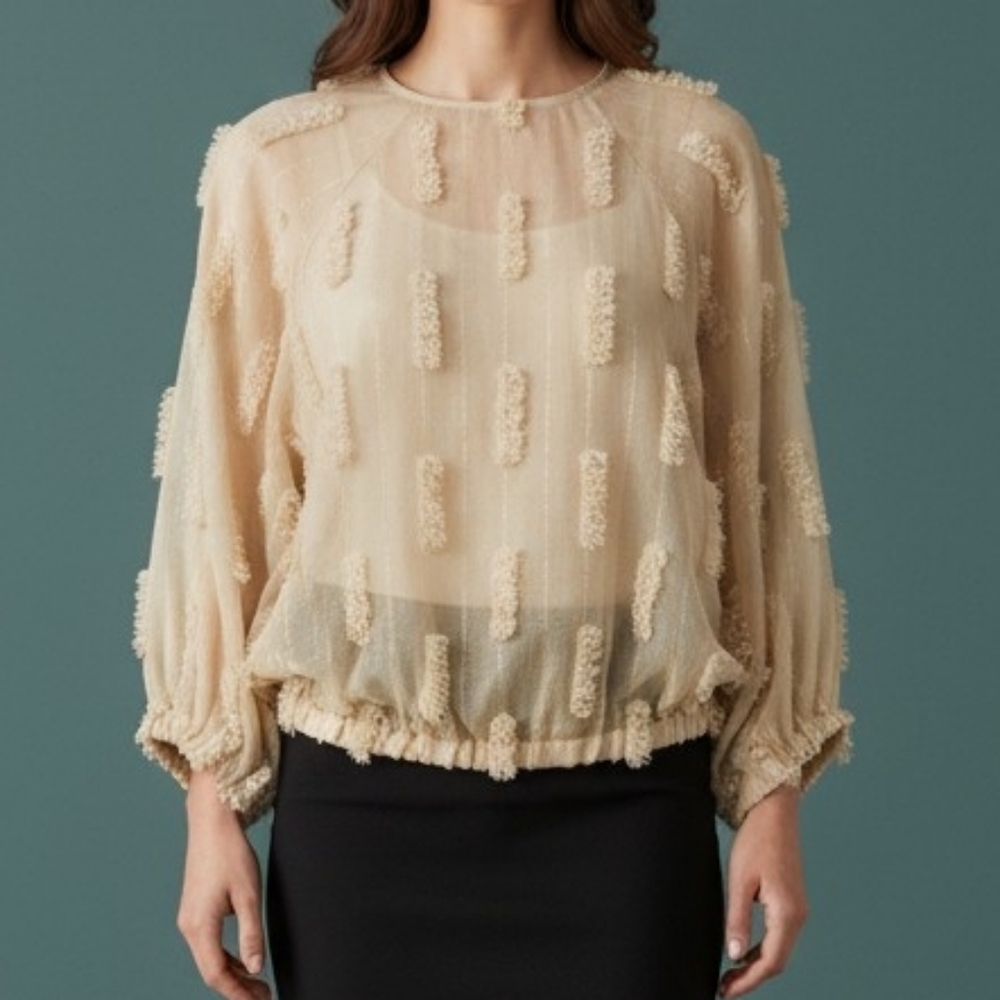 ZARA Cream Textured Metallic Gold Balloon Sleeve Oversized Sheer Blouson Top